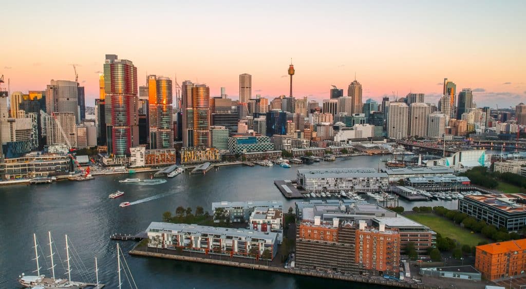 An aerial view of Darling Harbour in the Sydney CBD